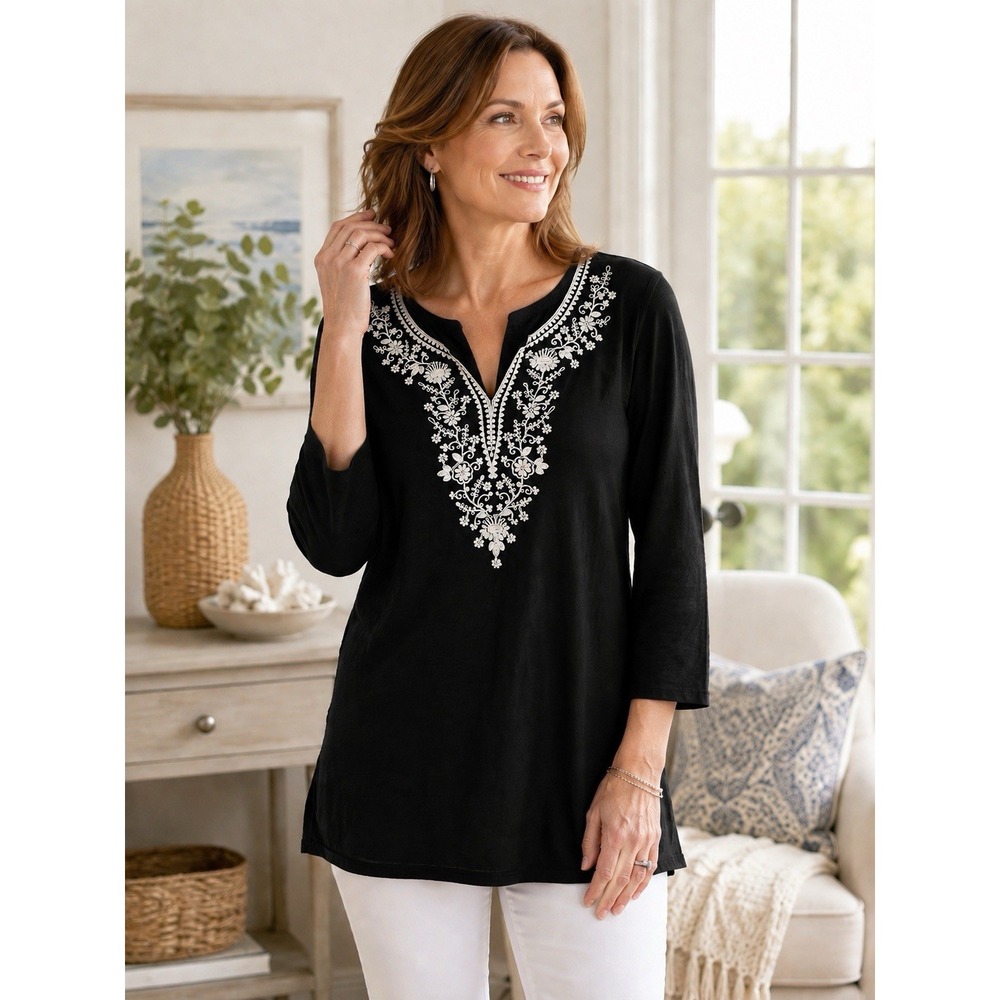 Talbots Embroidered Floral Tunic Top Medium Navy Ivory Cotton Modal V Neck